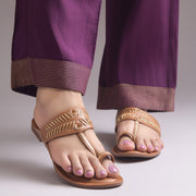 Women's Kolhapuri Style Toe Ring Flats with Woven Strap & Metal Stud Detail Slippers